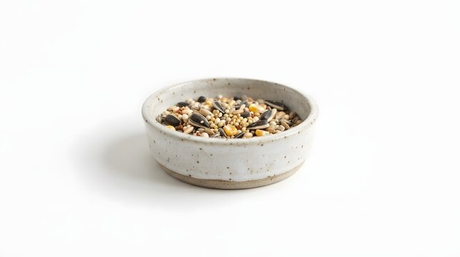 Ceramic bowl with mixed birdseed on white surface