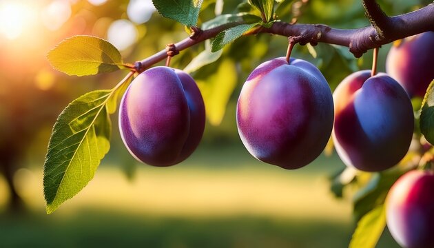 plums on tree ripe plum hanging on a branch on a plum tree in the garden copy space