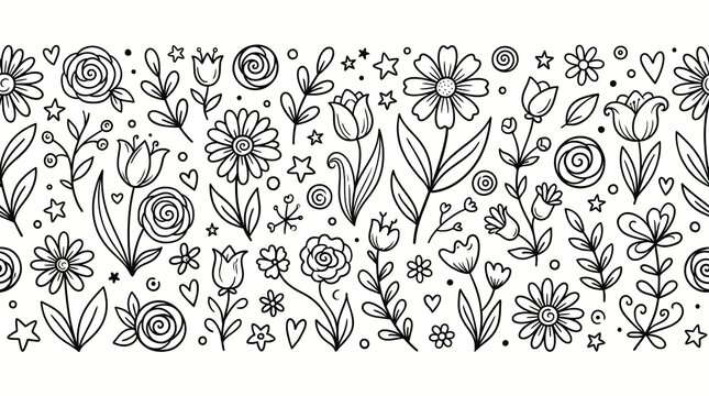 Hand drawn floral pattern border featuring various botanical elements like blooming flowers leaves hearts and stars in bold black lines