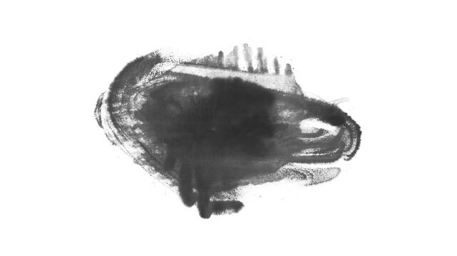 Abstract black ink spread, smudge and smear stop motion on white background.