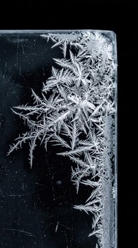 Intricate ice frost crystals forming patterns on a cold glass surface