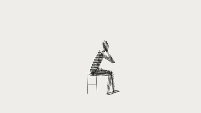 Contemplative stick figure seated on stool