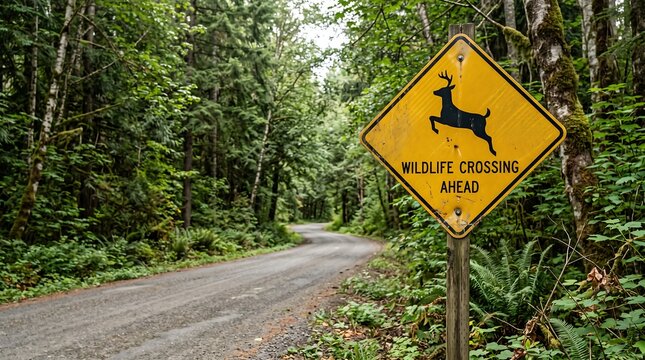 Yellow wildlife crossing sign on a winding forest road warning drivers of deer ahead.