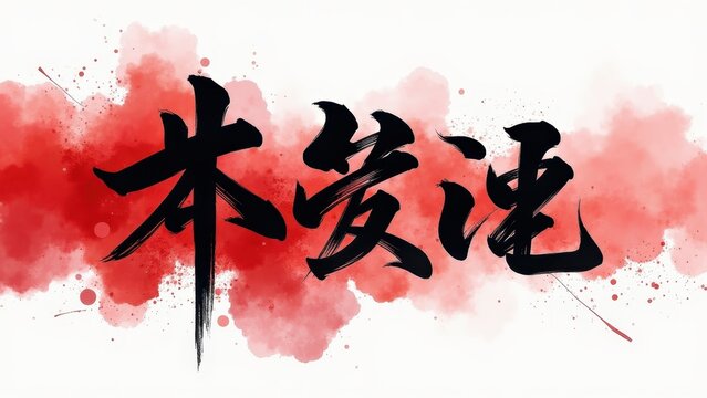Watercolor bushido kanji calligraphy banner black red traditional, brush stroke technique elegant flowing dramatic bold