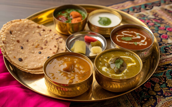 Traditional Rajasthani Thali Featuring Dal Baati Churma, Gatte Ki Sabzi, Ker Sangri, Bajra Roti, Papad and Pickles Served on Royal Brass Plate, Authentic Desert Cuisine