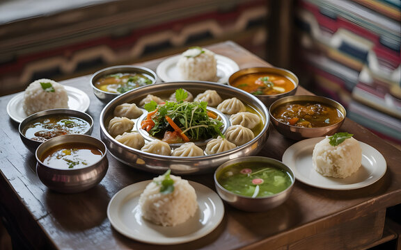 Traditional Sikkimese Thali Featuring Momos, Thukpa Soup, Fermented Vegetables and Steamed Rice Served in Himalayan Style Bowls, Authentic Northeast Indian Mountain Cuisine