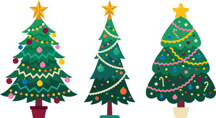 Fototapeta premium Set of three decorative christmas trees with colorful ornaments and golden stars isolated on a white background for holiday design