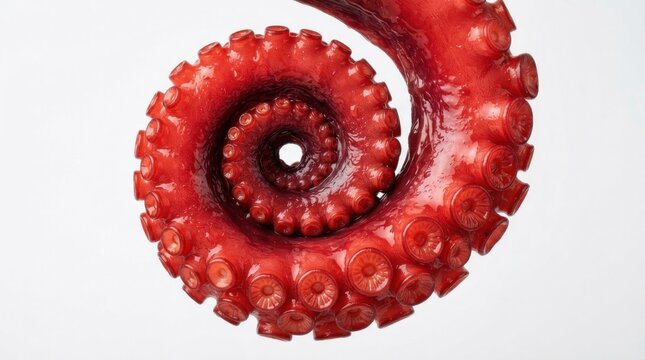 Cooked red octopus tentacle curled on white background