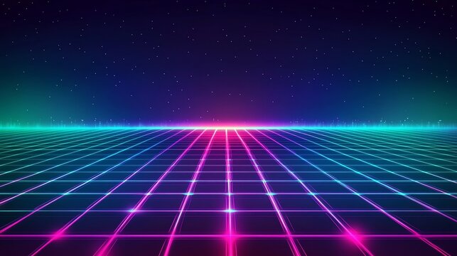 Retro grid landscape, neon glow, starry night, 80s synthwave, website banner