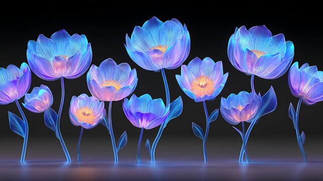 Three purple blue glowing lotus flowers with orange centers on dark background