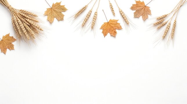 A flat lay arrangement of dried golden wheat stalks and fallen maple leaves in warm autumn colors isolated on a white background, with ample space, for seasonal text