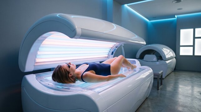 Young woman in swimsuit lying inside modern UV solarium tanning bed with protective goggles highlighting indoor skin tanning service.