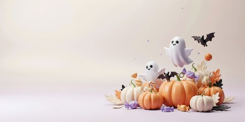 Obraz premium Cute 3D Halloween Banner with Friendly Ghosts, Pumpkins, Candies, and Copy Space on Pastel Background