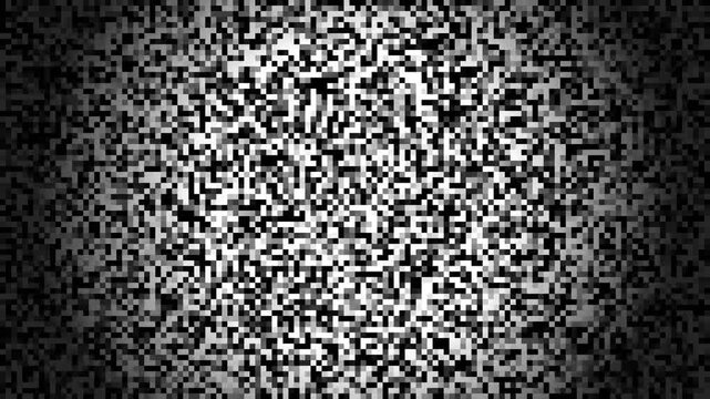 Pixel noise texture with monochrome square blocks flickering under radial vignette spotlight for glitch overlay loop