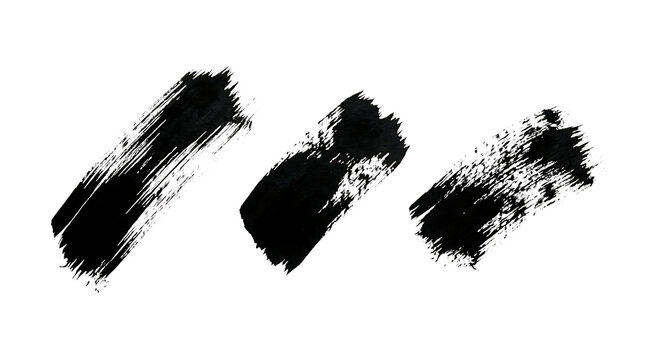 Premium set of three diagonal black paint brush strokes isolated on transparent background