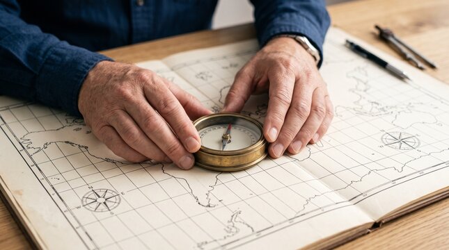 Senior man placing vintage brass compass on vintage paper world map on wooden desk depicting travel planning, cartography, and navigation.