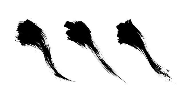 Premium set of three black ink brush strokes isolated on transparent background