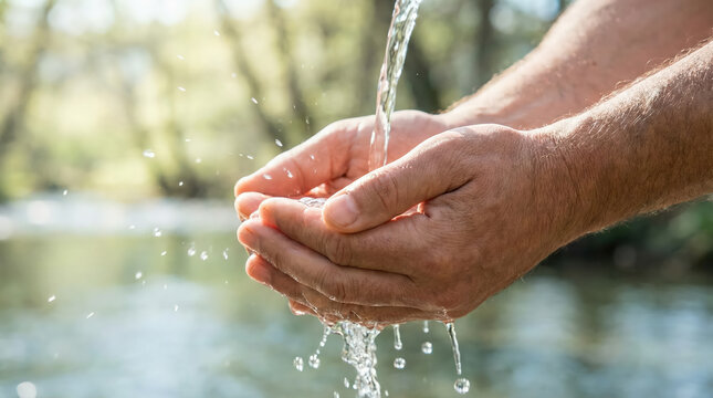 A close-up view of a person's hands cupped together catching and holding clear water flowing from a natural wooden spring, with sunlight filtering through a green forest background.