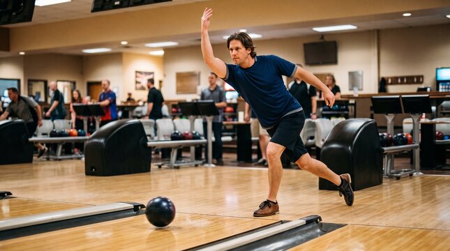 Male bowler releasing black bowling ball down wooden lane at indoor bowling alley during recreational sports game with friends.