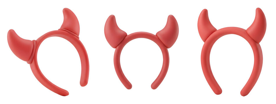 Red devil horn headbands designed for costume parties displaying various playful angles and realistic 3d modeling styles rendered in smooth plastic texture on transparent background