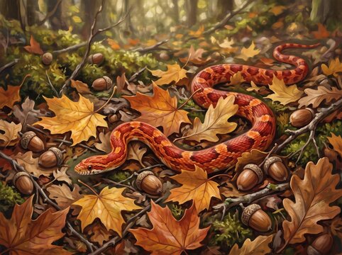 Bright red and orange corn snake crawling through fallen autumn leaves and acorns on forest ground illustration.