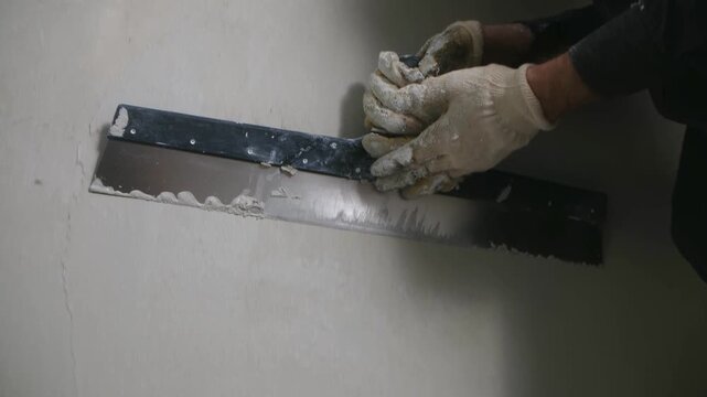 Builder smoothing wall with wide flat spatula, camera moving upward following tool movement. Plastering, wall leveling, renovation. Builder smoothing wall with wide spatula. 