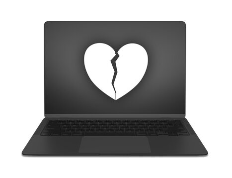 Un ordenador port&aacute;til negro con pantalla gris y un icono de coraz&oacute;n roto blanco. Concepto de ruptura digital, png transparente, tecnolog&iacute;a y tristeza.