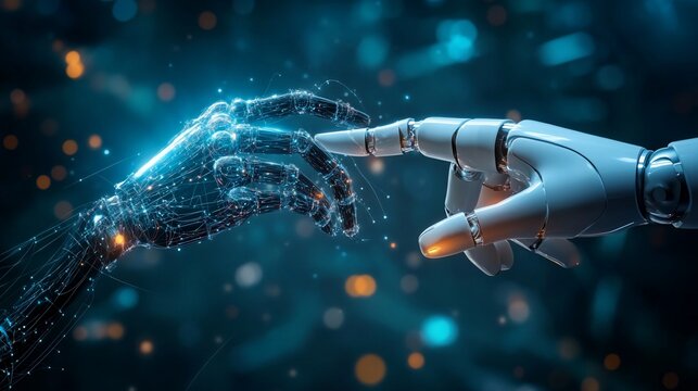 AI robotic hand connects, digital future background