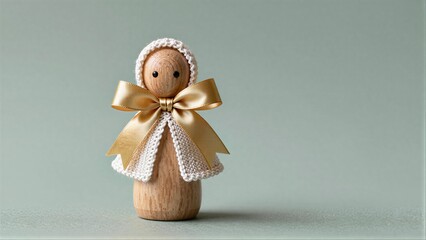 Fototapeta premium Wooden doll with knitted bonnet and golden bow, serene against soft green backdrop.