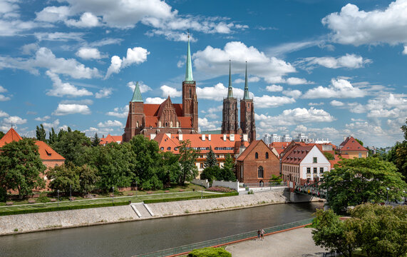View on Wroclaw Old Town. Island and Cathedral of St John with bridge through river Odra. Wroclaw, Poland.