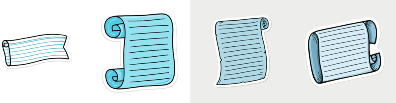A charming, hand-drawn sticker of a sky blue lined paper note in doodle style, shaped like a vintage scroll banner on a white background
