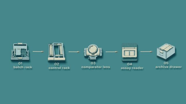 Batch and control racks proceed through comparison and assay reading before the paired set enters the archive. Flat 3D style with smooth matte surfaces; objects numbered and labelled in English.