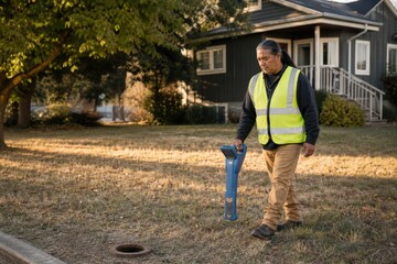 Obraz premium Lead Service Line Replacement Technician Tracing Aging Residential Water Route