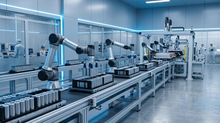 Fototapeta premium Automated robotic arms assembling lithium battery cells on conveyor line in modern high tech manufacturing factory facility.