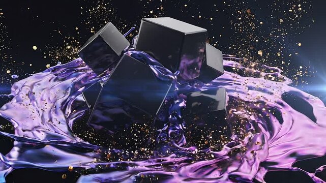 Black glossy cubes surrounded by glowing violet liquid metal abstract scene