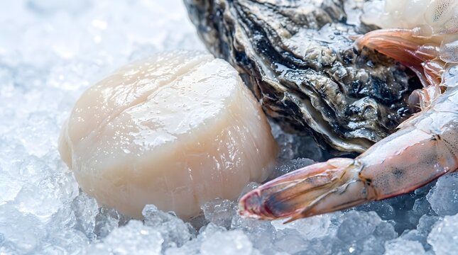 Raw scallops and fresh oyster on a bed of crushed ice with raw seafood