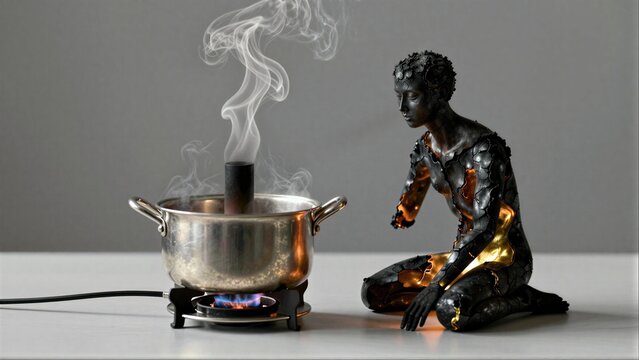 Statue sits beside smoking pot on burner, steam rising gently in quiet room.