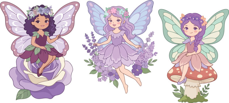 A collection of three cute watercolor fairy illustrations featuring purple dresses floral accents and magical wings on white background