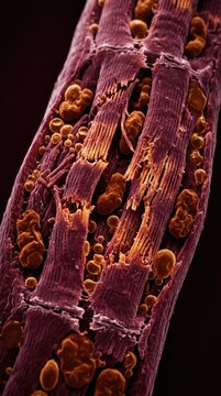 Cardiac muscle fiber showing alcoholic cardiomyopathy, tearing sarcomere myofibrils demonstrating severe structural damage, swollen mitochondria with toxic lipid accumulation, heart cell pathology.
