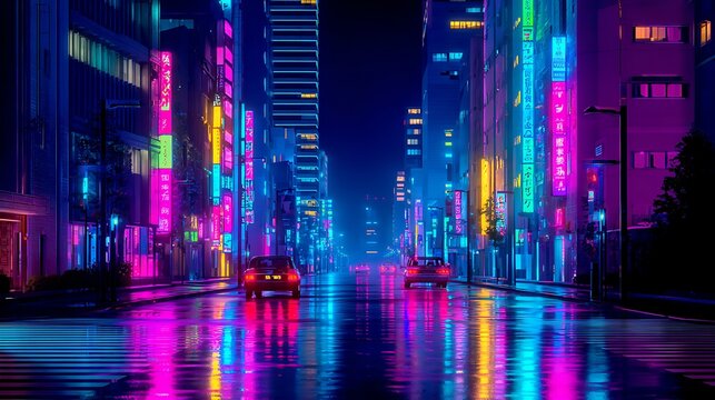 Vibrant neon signs illuminating a bustling city street at night with colorful reflections