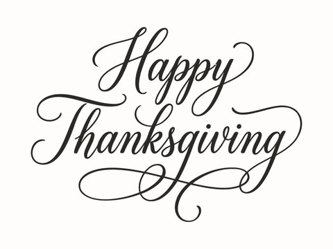 Elegant calligraphy reading happy thanksgiving with ornate flourishes and decorative swirls