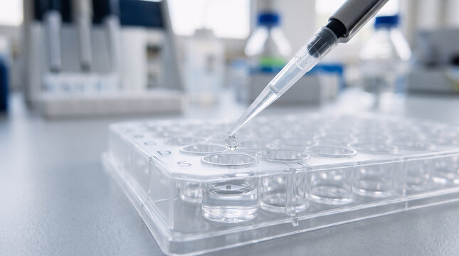 Extreme macro shot of an automatic micropipette dispensing a tiny precise drop of clear fluid into a microplate well, laboratory research setting