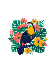 Obraz premium Tropical Toucan Vector Illustration Wearing Sunglasses and Gold Chain Surrounded by Hibiscus Flowers and Monstera Leaves for Summer Party and Exotic Vacation Designs