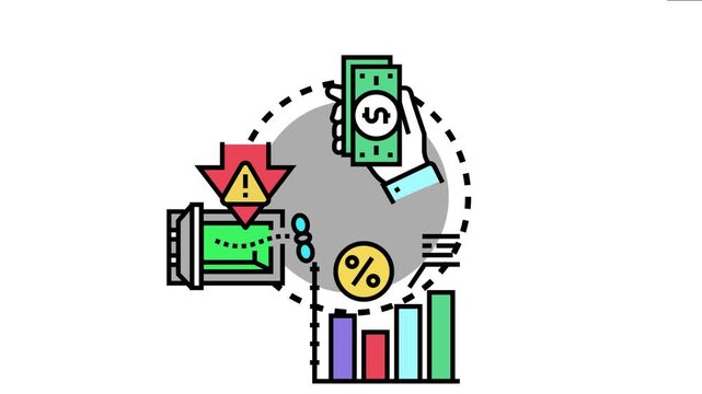 Individuals facing loan default risk, evaluating financial situations with warning signs, money, percentage rates, and declining charts, symbolizing economic uncertainty