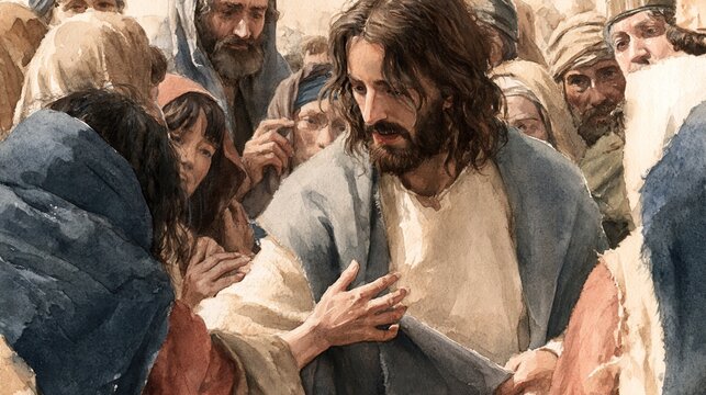 Jesus reaching out to touch and heal a woman amid a crowded group of followers and onlookers, portraying compassion, miracle healing, faith, and Gospel ministry in a biblical scene