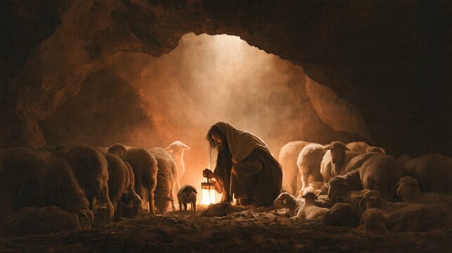 Solitary shepherd tending a flock by lantern light within a dim rocky cave at night, a tender biblical tableau of a caretaker watching over sheep and lambs with humble devotion