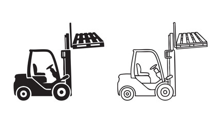 Naklejka premium forklift black silhouette with line art vector pair icon