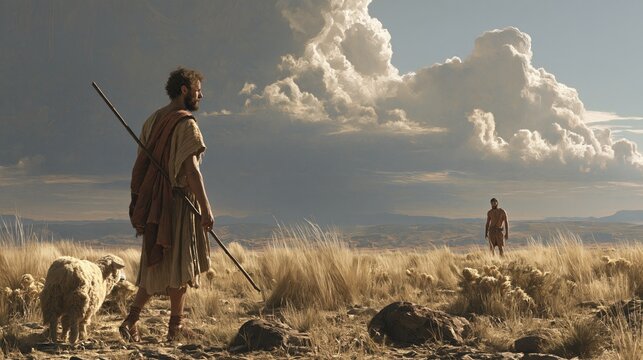 Biblical shepherd standing with staff beside sheep in a vast Judean landscape, watching a distant figure approach under dramatic clouds - evoking pastoral Bible narratives.