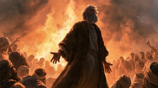 Dramatic depiction of a biblical prophet confronting an assembled crowd amid roaring divine fire and radiant light, evoking prophecy, miracle, faith and worship.