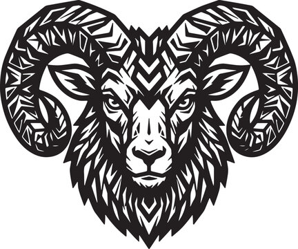 Black and white ram head vector logo, detailed carved geometric line art, symmetrical front-facing, woodblock print style, high contrast, white background.